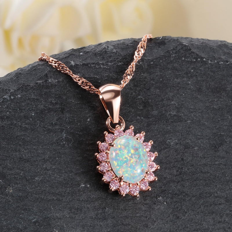 CiNily Opal Pendant Necklace 14K Rose Gold Plated White Fire Opal Pendant for Women Teens Jewelry Gemstone Flower Necklace - Image 4
