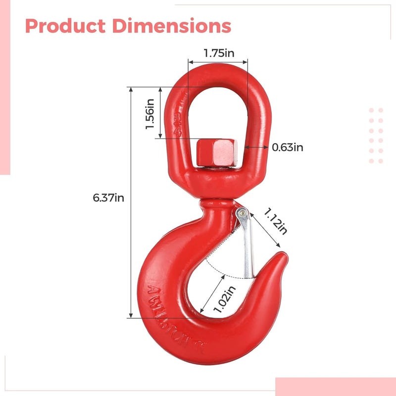 3 Ton Heavy Duty Crane Swivel Hook With Safety Latch, G80 Alloy Steel Rigging Hook For Hoisting, 6600 Lbs Load Capacity, Rotating Eye Sling Hook - Image 5