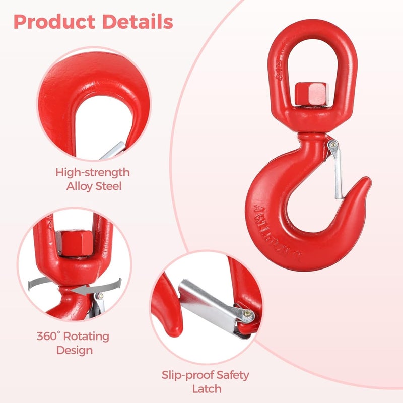 3 Ton Heavy Duty Crane Swivel Hook With Safety Latch, G80 Alloy Steel Rigging Hook For Hoisting, 6600 Lbs Load Capacity, Rotating Eye Sling Hook - Image 3