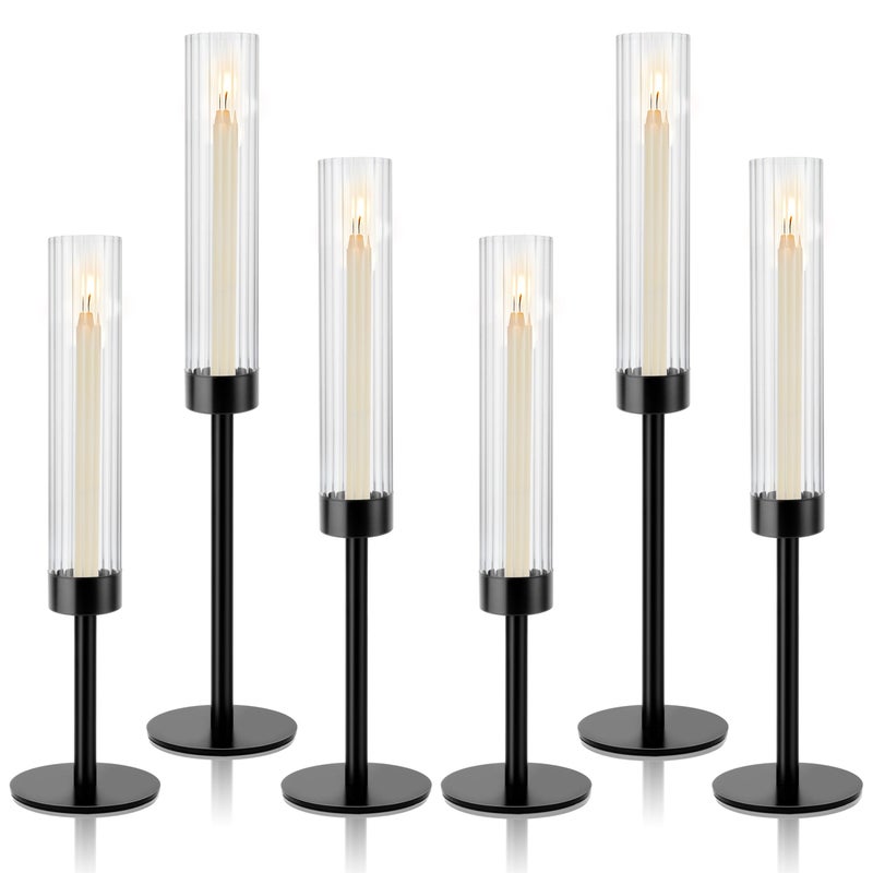 ASHELYULLA Black Hurricane Candle Holders, Set of 6 Glass Taper Candlestick Holders Metal Candle Stands Bulk with Ribbed Glass Cover for Dining Tables Wedding Candelabra Centerpieces Decor - Image 1