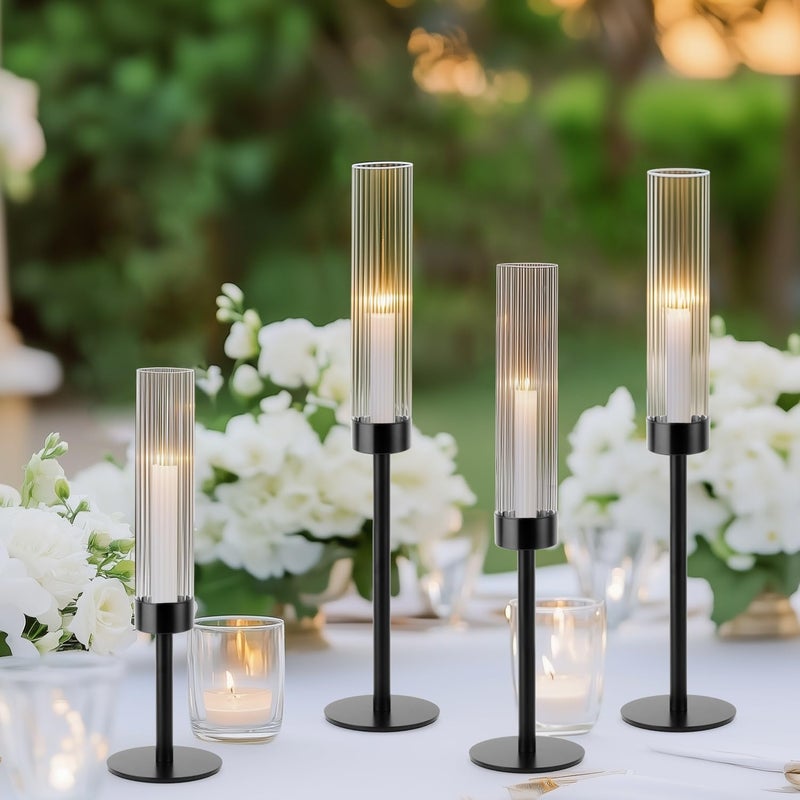 ASHELYULLA Black Hurricane Candle Holders, Set of 6 Glass Taper Candlestick Holders Metal Candle Stands Bulk with Ribbed Glass Cover for Dining Tables Wedding Candelabra Centerpieces Decor - Image 2