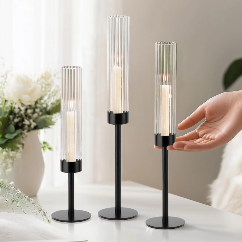 ASHELYULLA Black Hurricane Candle Holders, Set of 6 Glass Taper Candlestick Holders Metal Candle Stands Bulk with Ribbed Glass Cover for Dining Tables Wedding Candelabra Centerpieces Decor - Image 5