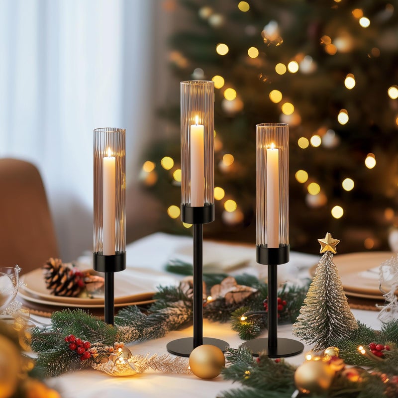 ASHELYULLA Black Hurricane Candle Holders, Set of 6 Glass Taper Candlestick Holders Metal Candle Stands Bulk with Ribbed Glass Cover for Dining Tables Wedding Candelabra Centerpieces Decor - Image 3