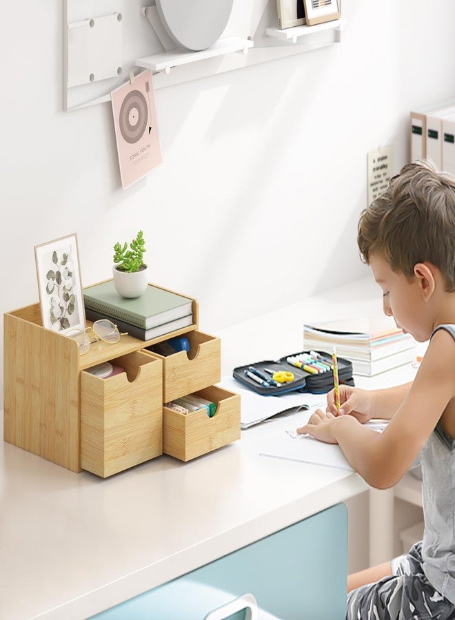 Wisuce Desk Organizer with Drawers - Bamboo Desktop Organizer Storage | Wood Desk Drawers Organizer for Bills, Office Supplies, Cosmetics, Seals No Assembly Required (3 Drawer with Big Drawer) - Image 2