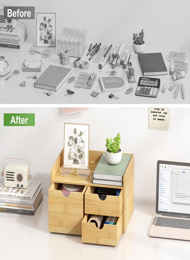 Wisuce Desk Organizer with Drawers - Bamboo Desktop Organizer Storage | Wood Desk Drawers Organizer for Bills, Office Supplies, Cosmetics, Seals No Assembly Required (3 Drawer with Big Drawer) - Image 5