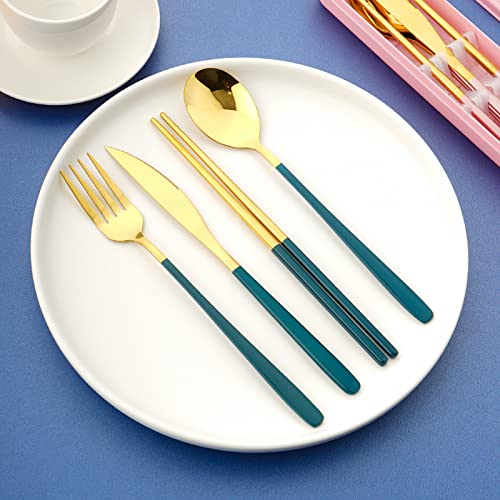 Iktu Premium Gold Plated 304 Stainless Steel Knife Fork Spoon Chopstick Set Flatware Dinnerware Cutlery Tableware Set (Green) - Image 3