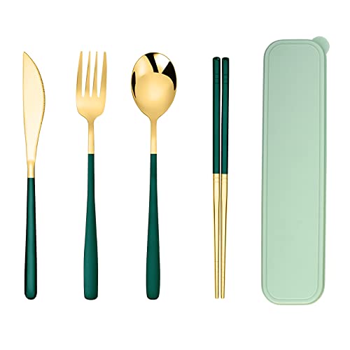 Iktu Premium Gold Plated 304 Stainless Steel Knife Fork Spoon Chopstick Set Flatware Dinnerware Cutlery Tableware Set (Green) - Image 1