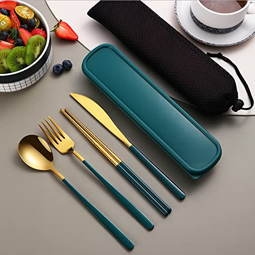 Iktu Premium Gold Plated 304 Stainless Steel Knife Fork Spoon Chopstick Set Flatware Dinnerware Cutlery Tableware Set (Green) - Image 2