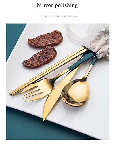 Iktu Premium Gold Plated 304 Stainless Steel Knife Fork Spoon Chopstick Set Flatware Dinnerware Cutlery Tableware Set (Green) - Image 5