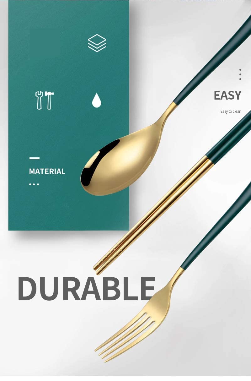 Iktu Premium Gold Plated 304 Stainless Steel Knife Fork Spoon Chopstick Set Flatware Dinnerware Cutlery Tableware Set (Green) - Image 4