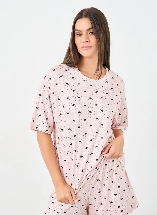 ستايلي Styli Crown Spot Print T-Shirt and Lettuce Hem Shorts Set