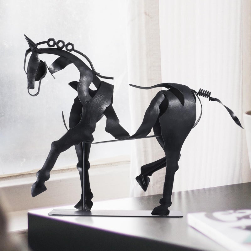SunBlogs Art Handmade Horse Statue - Unique Rustic Decor for Office & Home - 100% Hand-Painted Metal Sculpture - Perfect Handicraft Gift for Horse Lovers (Black) - Image 1