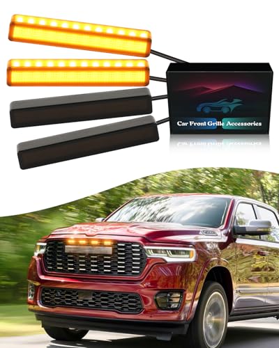 OKLSG LED Grill Lights for Dodge Ram 2025 20242019 Grille Raptor Lights Ram 1500 2500 3500 Accessories Front Grille Trims4pcs Yellow