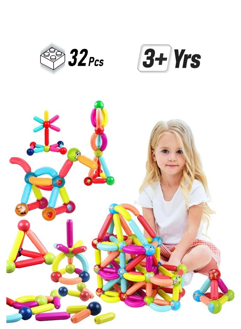 فنبلاست مكعبات بناء FunBlast المغناطيسية للأطفال، 32 قطعة، ألعاب ألغاز للأطفال، ألعاب STEM للأطفال، ألعاب بناء وتشييد، لعبة تعليمية وتعليمية للأطفال من سن 3 سنوات فما فوق، أولاد وبنات - Image 1