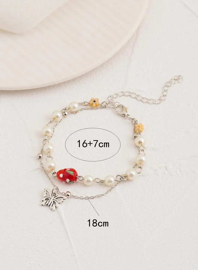 Take Two Silver Tone Pearl and Butterfly Charm Link Bracelet