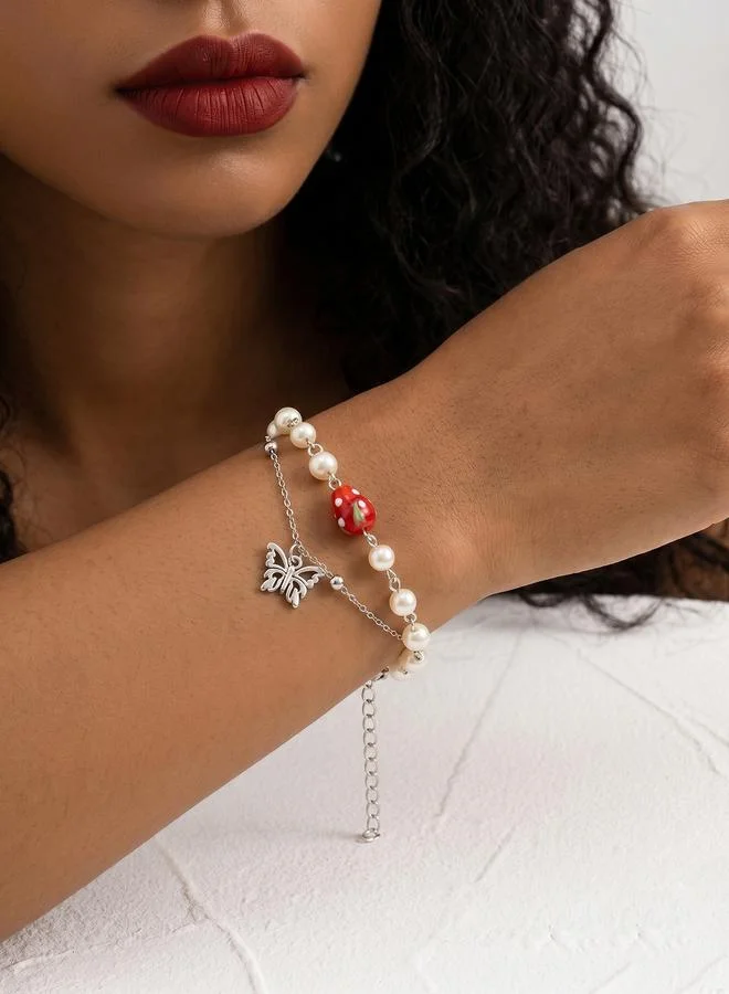 Take Two Silver Tone Pearl and Butterfly Charm Link Bracelet
