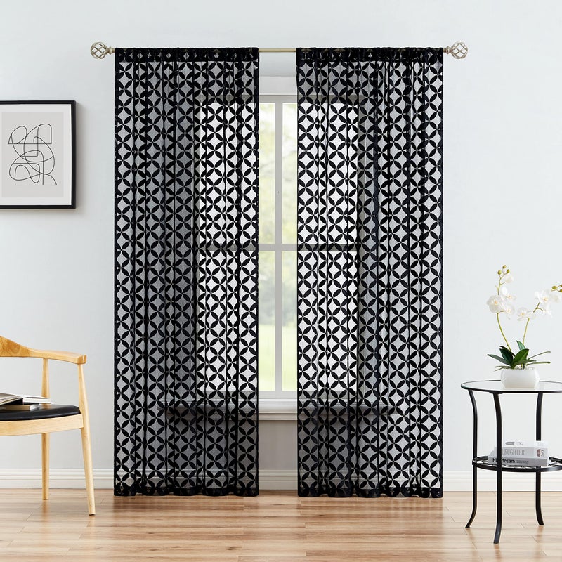 Purainbow Floral Lace Sheer Window Curtain Panels 54 Inches Length Geometric Voile Sheer Drapes for Living Room Bedroom, Leaf Window Treatment Sets for Yard, Patio, Villa, 2 Panels, Rod Pocket, Black - Image 2