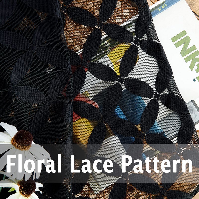 Purainbow Floral Lace Sheer Window Curtain Panels 54 Inches Length Geometric Voile Sheer Drapes for Living Room Bedroom, Leaf Window Treatment Sets for Yard, Patio, Villa, 2 Panels, Rod Pocket, Black - Image 3