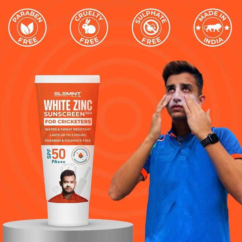 Elemnt White Zinc Sunscreen for Cricketers  SPF 50 PA Paraben  Sulphate Free Water  Sweat Resistant Sunscreen that Lasts 3 Hours  Pack of 2 x 50gm - Image 3