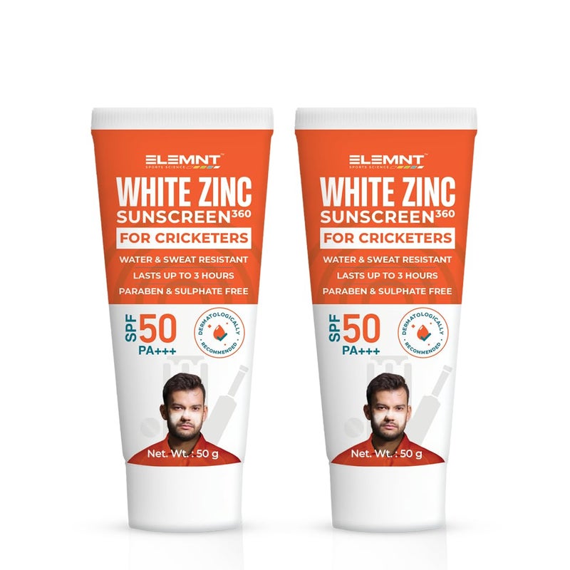 Elemnt White Zinc Sunscreen for Cricketers  SPF 50 PA Paraben  Sulphate Free Water  Sweat Resistant Sunscreen that Lasts 3 Hours  Pack of 2 x 50gm - Image 1