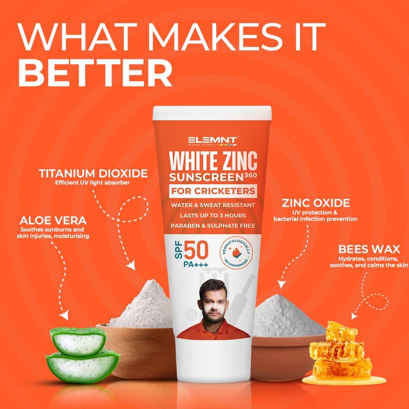 Elemnt White Zinc Sunscreen for Cricketers  SPF 50 PA Paraben  Sulphate Free Water  Sweat Resistant Sunscreen that Lasts 3 Hours  Pack of 2 x 50gm - Image 2