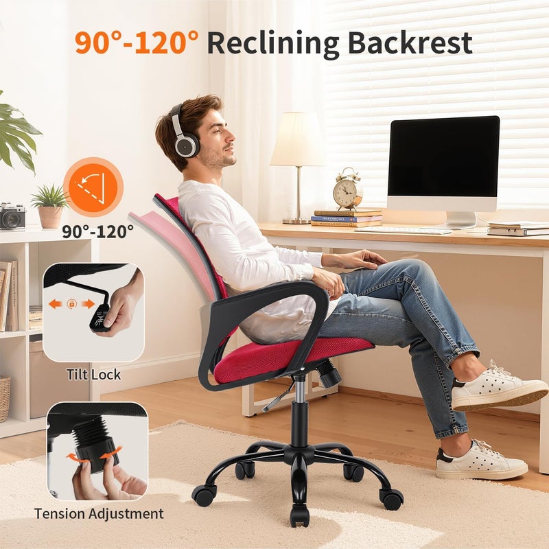 BestOffice Office Chair Ergonomic Cheap Desk Chair Mesh Computer Chair Lumbar Support Modern Executive Adjustable Stool Rolling Swivel Chair for Back Pain (Red) - Image 5