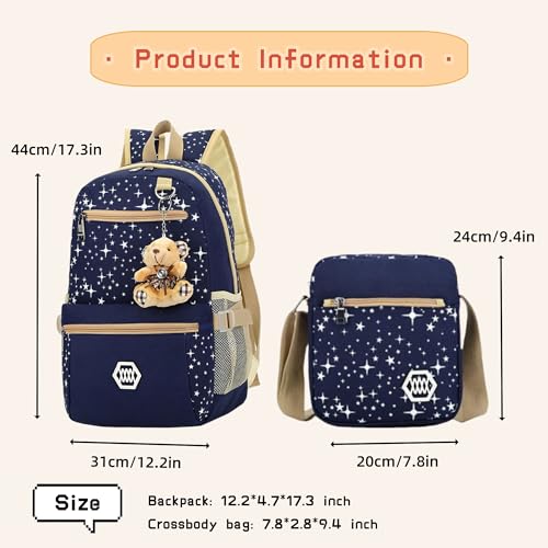Bansusu Star Print Backpacks Set for Girls School Elementary, Primary Kids Girls Backpacks School Bags, 3 Pieces, with Crossbody Bag - Image 3