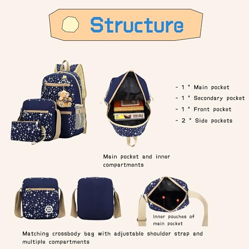 Bansusu Star Print Backpacks Set for Girls School Elementary, Primary Kids Girls Backpacks School Bags, 3 Pieces, with Crossbody Bag - Image 5