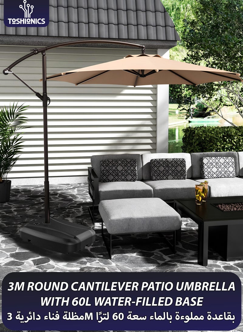 Toshionics 3M Round Cantilever Parasol Patio Umbrella with 60L Water Filled Base Crank Handle Adjustable Tilt Angle and Height Offset Hanging Sun Shade Banana Umbrella UV And Water Resistant 210g Polyester Canopy Rust-Resistant Steel Frame 360° Rotation and Portable Wheels for Outdoor Yard Garden Swimming Pool Camping or Patio  - Image 1