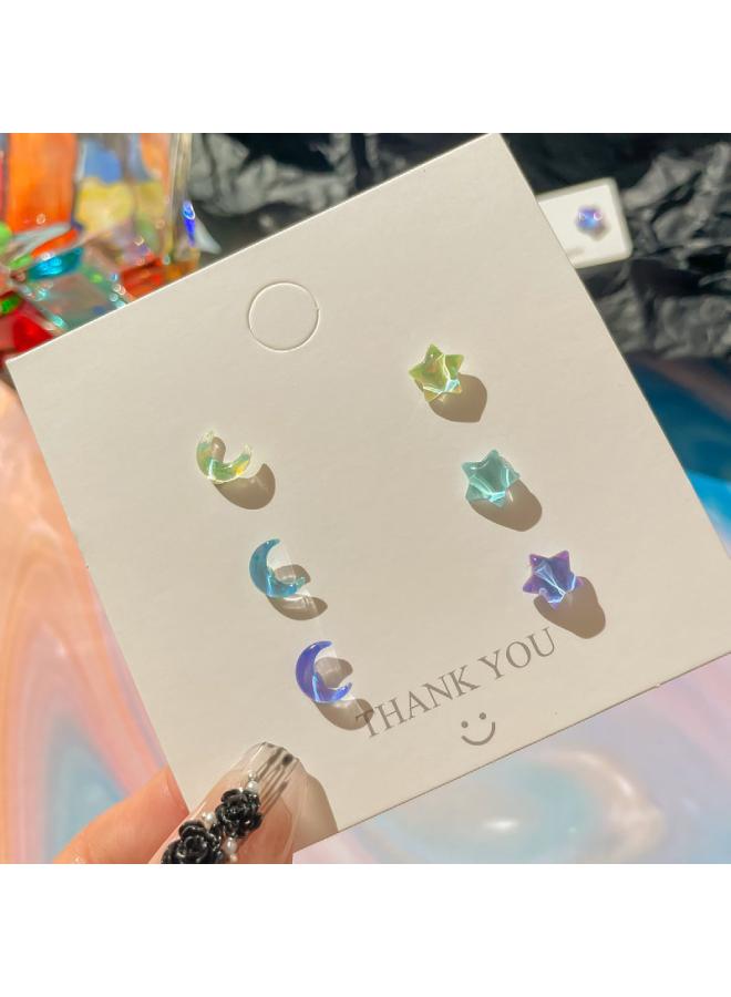 Fantasy Colorful Star Star Moon Fresh Small Stud Earrings 925 Fairy Girl Earrings Small Clear Super Shiny Ear Piercing 