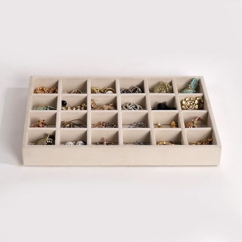 La Trove 24 Grid Jewelry Organizer Tray for Earrings, Rings, Jhumkas & Chains | Velvet Jewellery Storage Tray for Wardrobe Drawer & Dresser Organizer | Cream - Image 2