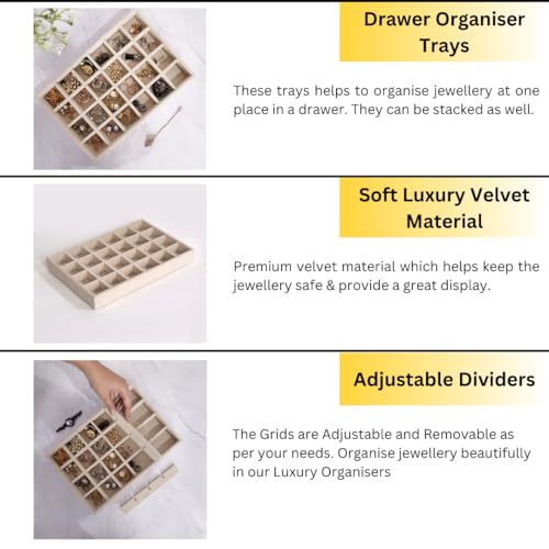 La Trove 24 Grid Jewelry Organizer Tray for Earrings, Rings, Jhumkas & Chains | Velvet Jewellery Storage Tray for Wardrobe Drawer & Dresser Organizer | Cream - Image 5