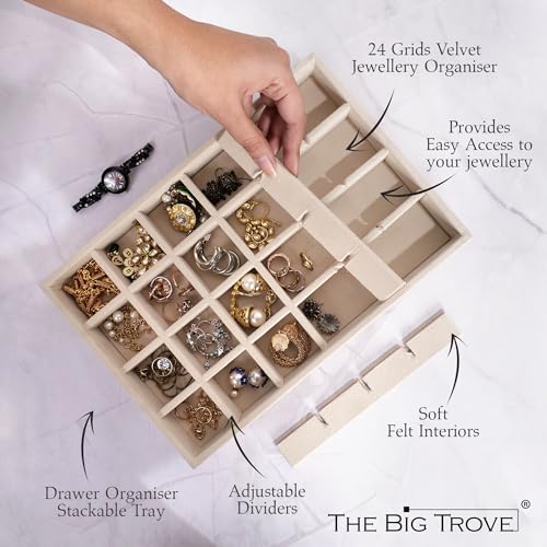 La Trove 24 Grid Jewelry Organizer Tray for Earrings, Rings, Jhumkas & Chains | Velvet Jewellery Storage Tray for Wardrobe Drawer & Dresser Organizer | Cream - Image 4