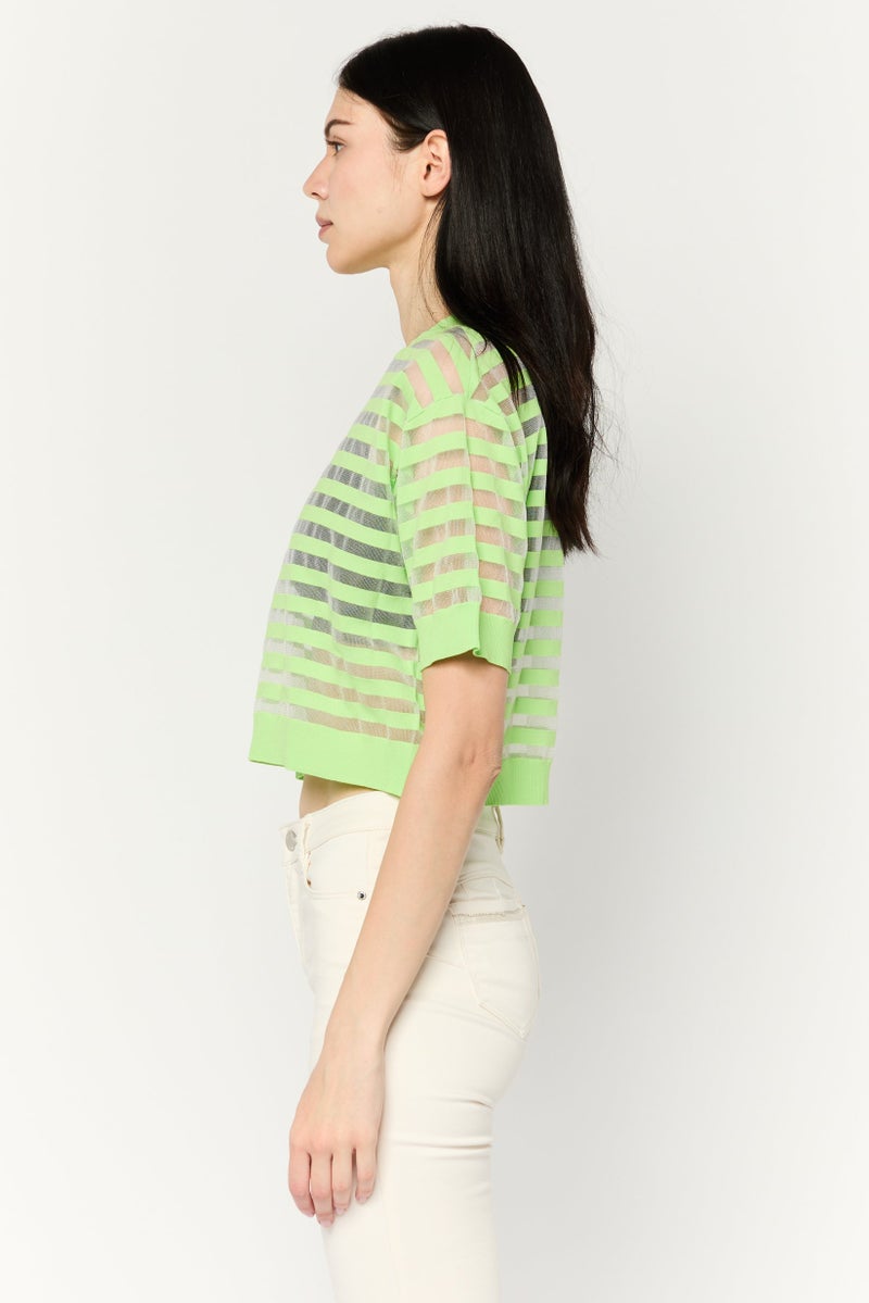 MANGO Women Crew Neck Short Sleeves Stripped Crop Top, Lime Green Combo - Image 3