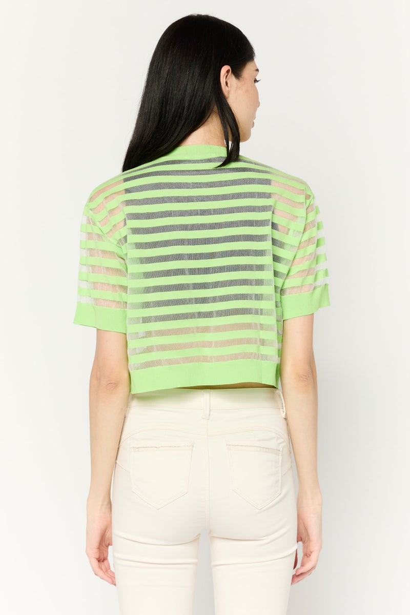 MANGO Women Crew Neck Short Sleeves Stripped Crop Top, Lime Green Combo - Image 4