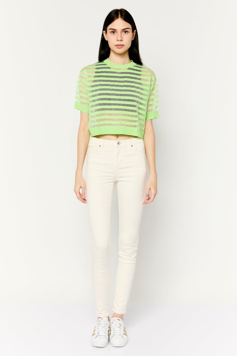 MANGO Women Crew Neck Short Sleeves Stripped Crop Top, Lime Green Combo - Image 2
