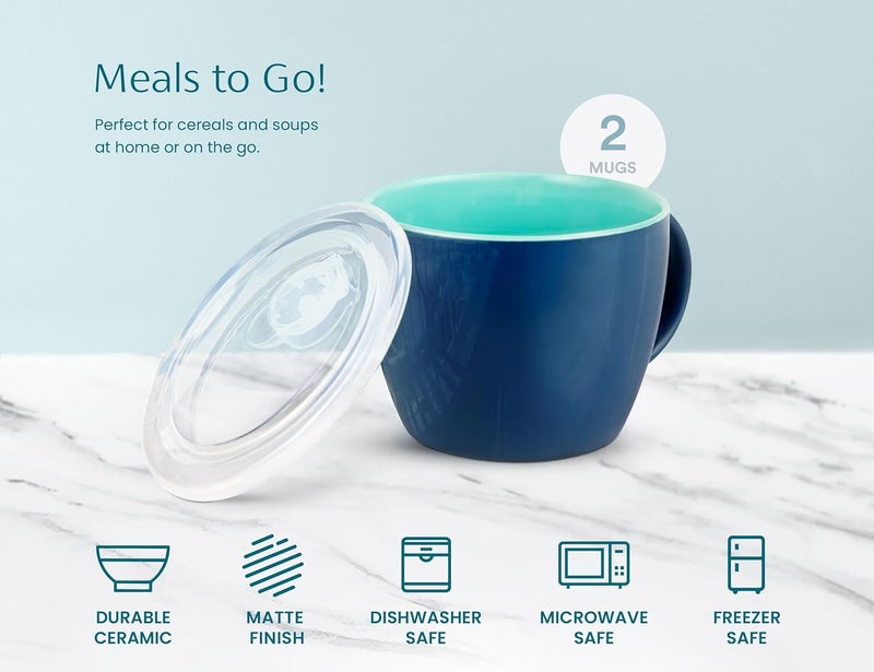 KooK Ceramic Soup Mug Set with Lid  Handles 25 Oz MicrowaveSafe Bowls for Cereal Overnight Oats Coffee Travel Use NavyJade Pack of 2 - Image 5