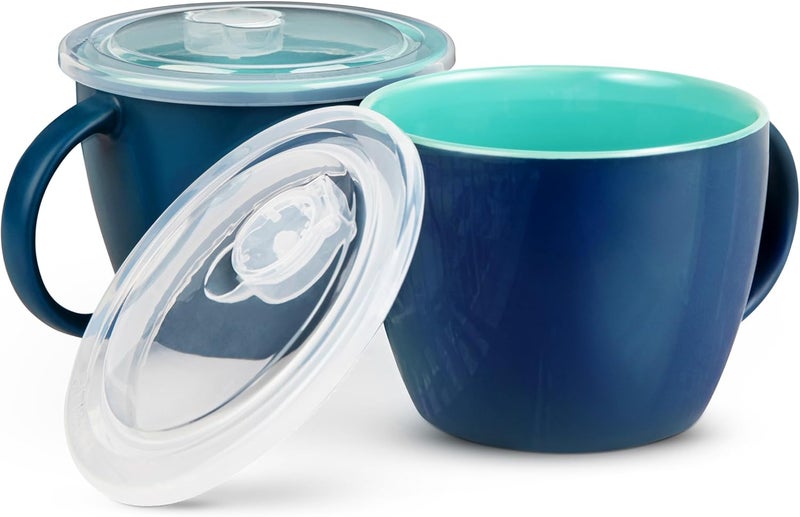 KooK Ceramic Soup Mug Set with Lid  Handles 25 Oz MicrowaveSafe Bowls for Cereal Overnight Oats Coffee Travel Use NavyJade Pack of 2 - Image 1
