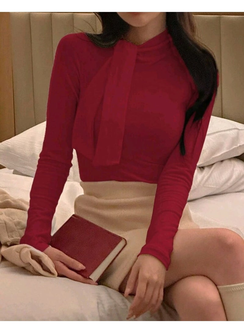 DAZY Women's Tie Bow Decor Turtleneck Slim Fit Basic TOP - Image 3