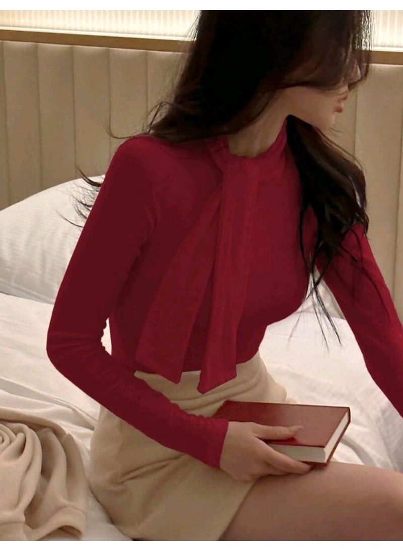 DAZY Women's Tie Bow Decor Turtleneck Slim Fit Basic TOP - Image 4