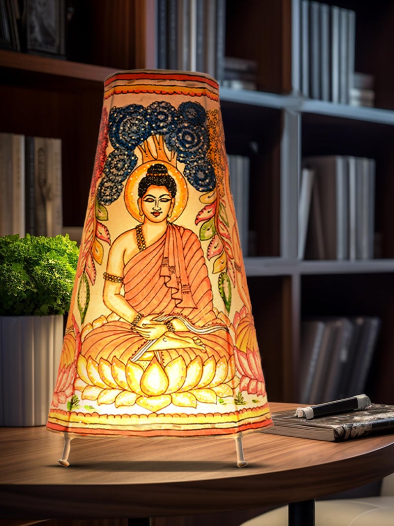 SHILP KATHA Handicraft Leather Table Lamp for Home Decoration | Handmade Side Table Lamp Shade for Bedroom Decor | Decorative Festival Gift for Living Room, Desk, Spiritual Décor | Peace with Buddha - Image 1