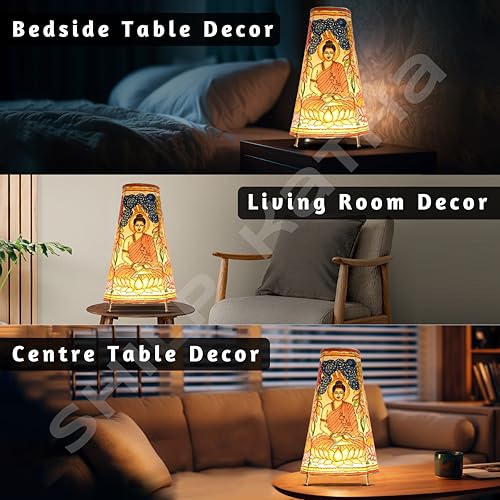 SHILP KATHA Handicraft Leather Table Lamp for Home Decoration | Handmade Side Table Lamp Shade for Bedroom Decor | Decorative Festival Gift for Living Room, Desk, Spiritual Décor | Peace with Buddha - Image 2