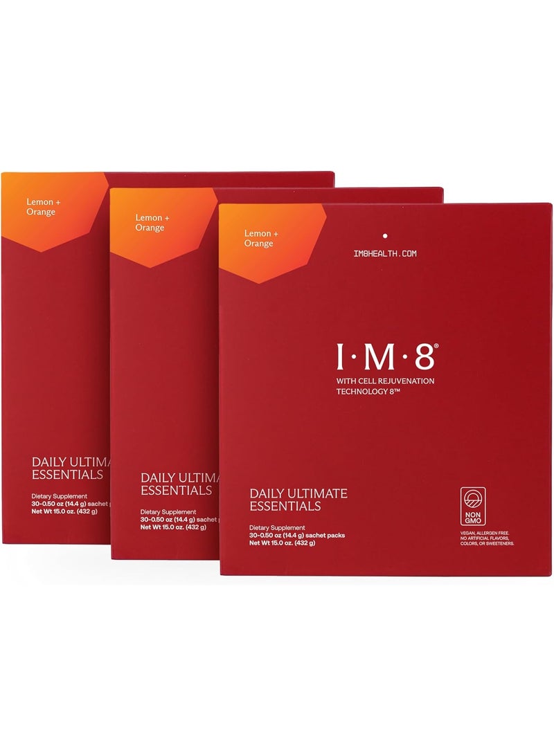 IM8 Daily Ultimate Essentials All-in-One Multivitamin Supplement, 92 Nutrient Rich Ingredients CoQ10, Probiotics, Vitamins, Greens, Gluten Free, Vegan (90 Packets, Lemon & Orange) - Image 1