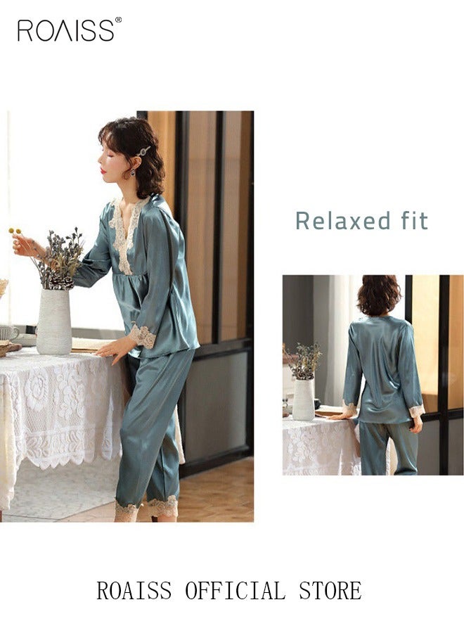roaiss V-Neck Pajama Set for Ladies Silk Lace Long Sleeve Pajama Sleep Pants Gift for Girlfriend Wife Spring Summer Loungewear Nightwear for Women  - Image 2