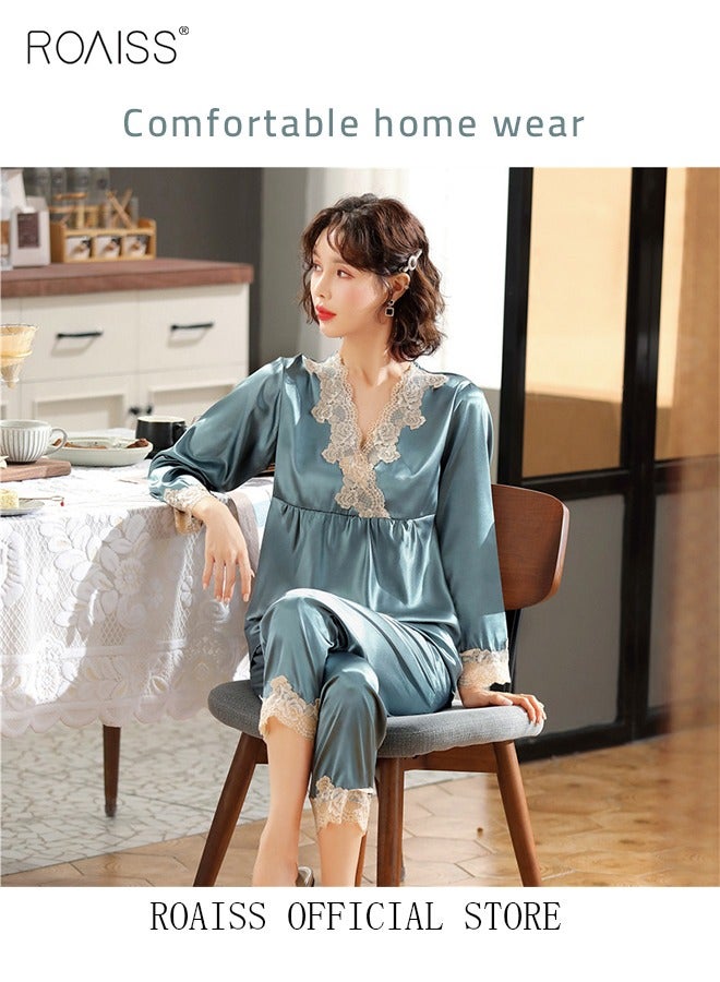 roaiss V-Neck Pajama Set for Ladies Silk Lace Long Sleeve Pajama Sleep Pants Gift for Girlfriend Wife Spring Summer Loungewear Nightwear for Women  - Image 1