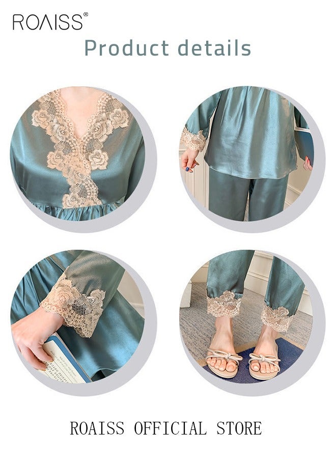 roaiss V-Neck Pajama Set for Ladies Silk Lace Long Sleeve Pajama Sleep Pants Gift for Girlfriend Wife Spring Summer Loungewear Nightwear for Women  - Image 4