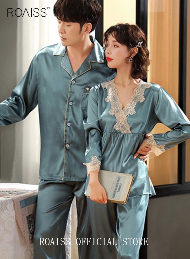 roaiss V-Neck Pajama Set for Ladies Silk Lace Long Sleeve Pajama Sleep Pants Gift for Girlfriend Wife Spring Summer Loungewear Nightwear for Women  - Image 5
