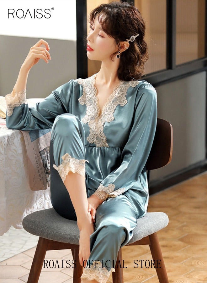 roaiss V-Neck Pajama Set for Ladies Silk Lace Long Sleeve Pajama Sleep Pants Gift for Girlfriend Wife Spring Summer Loungewear Nightwear for Women  - Image 3