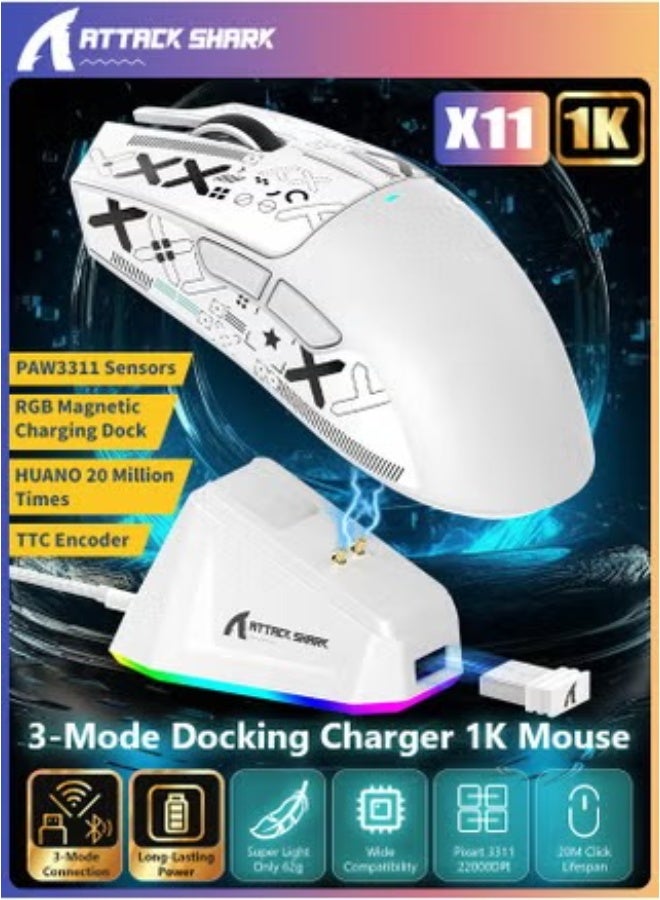 Attack Shark X11 Lightweight Wireless Gaming Mouse with RGB Charging Dock,Tri-Mode-2.4G/USB-C Wired/BT,22K DPI,PAW3311 Optical Sensor,HUYU Switch, 5 programmable Buttons for PC/Mac(White&Sticker)  - Image 1