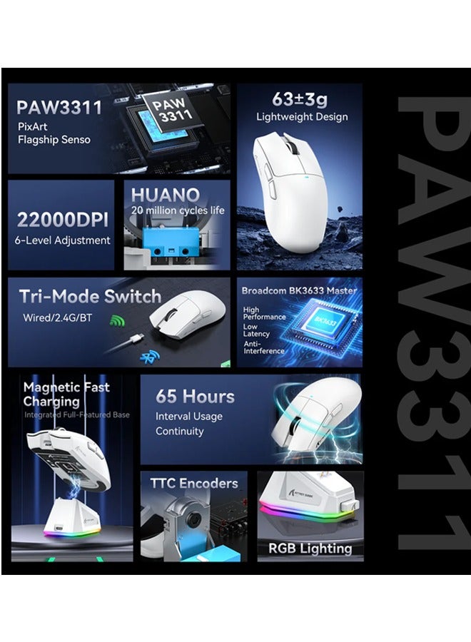 Attack Shark X11 Lightweight Wireless Gaming Mouse with RGB Charging Dock,Tri-Mode-2.4G/USB-C Wired/BT,22K DPI,PAW3311 Optical Sensor,HUYU Switch, 5 programmable Buttons for PC/Mac(White&Sticker)  - Image 2